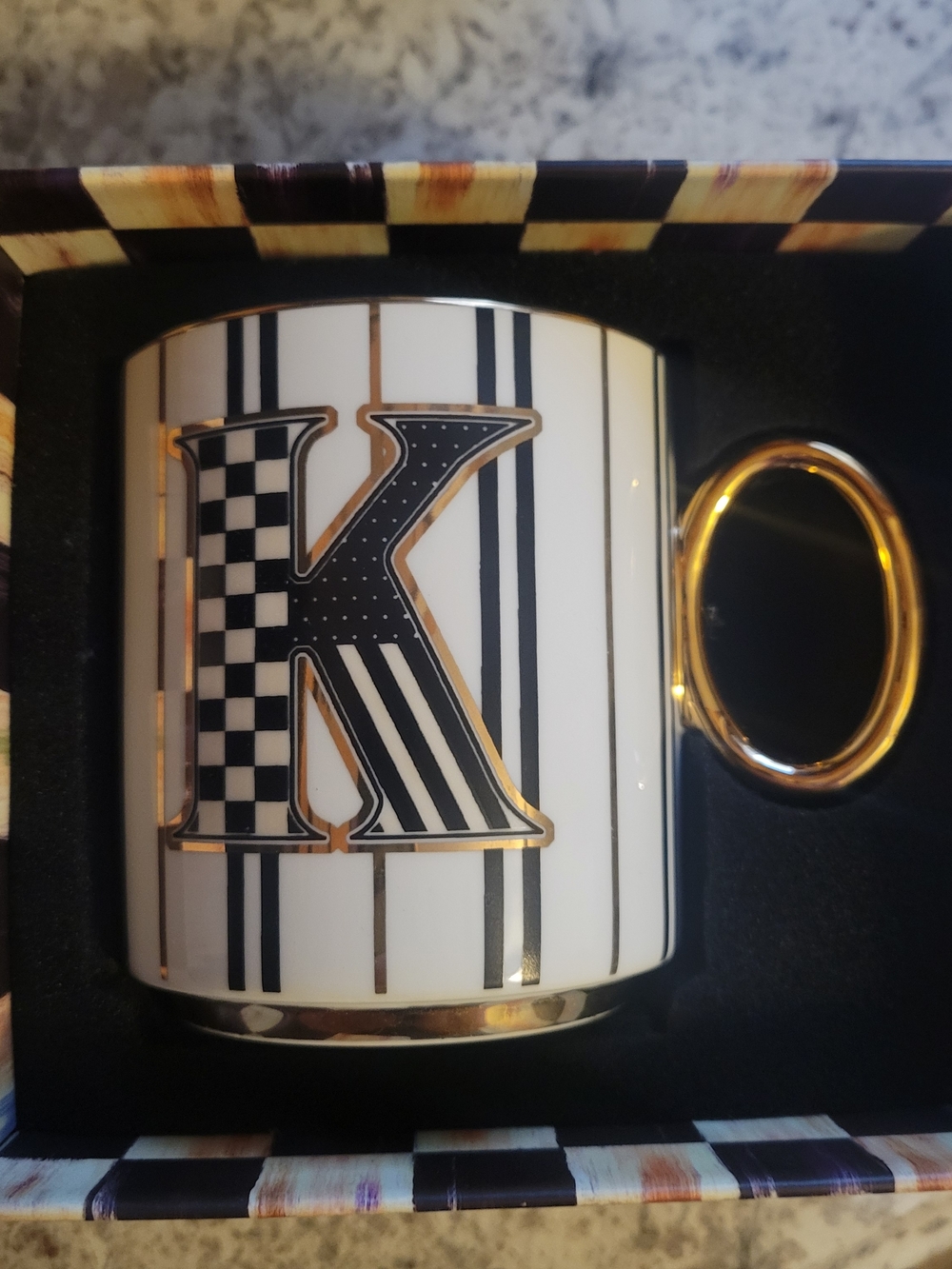 MacKenzie-Childs White and Black Striped Monogram K Mug with Gold Handle
